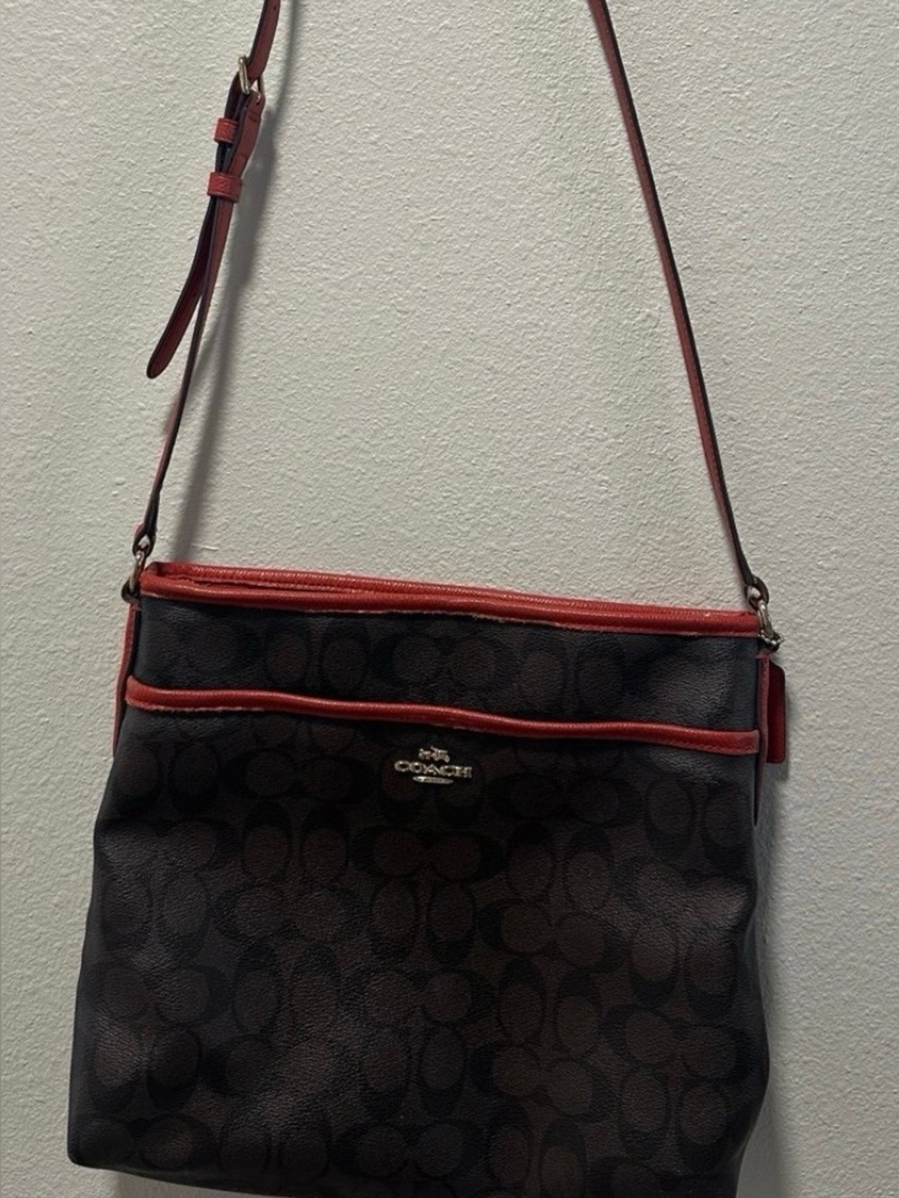 Coach signature jacquard brown/ Red orange Leather accent  file bag